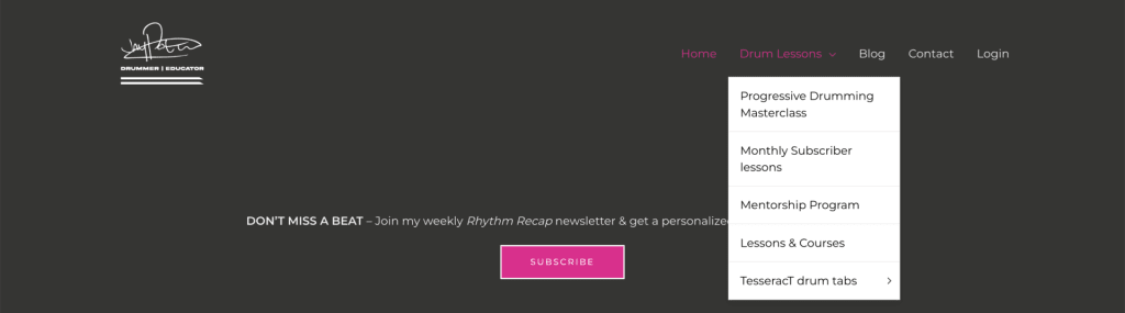 A screenshot of drum lesson offerings on a website.